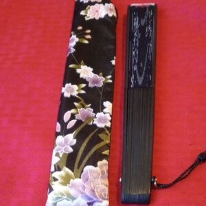 Brand New Floral Black Hand Fan with Sleeve